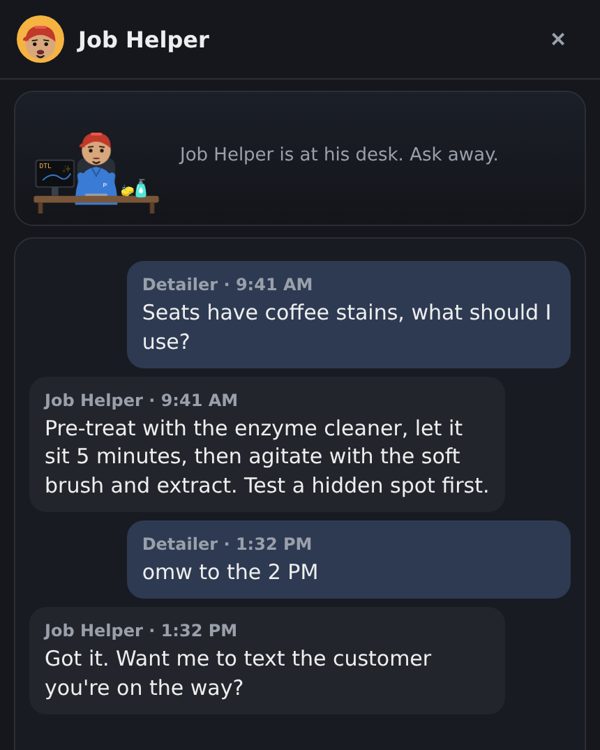 Crew app chat where an AI helper answers a detailer's cleaning question, shown with sample data