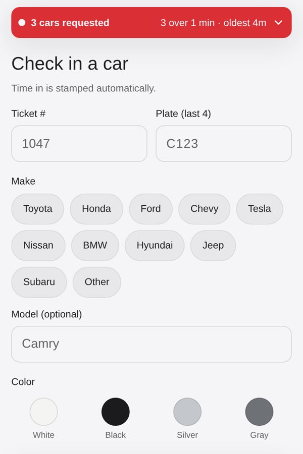 Valet Tracker check-in screen with a red banner showing cars waiting